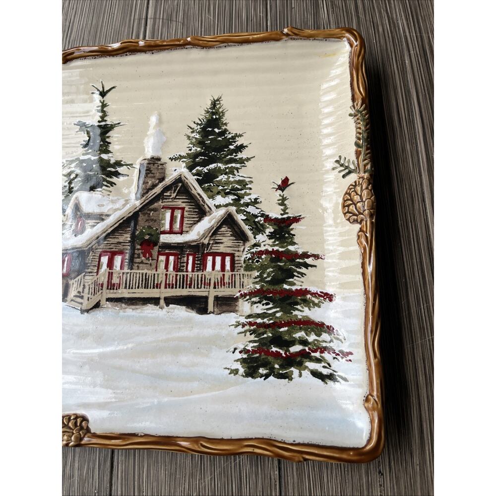 St. Nicholas Square “Snow Valley” Square Plate 10.5" Snowy Cabin Pine Tree - Picture 3 of 6